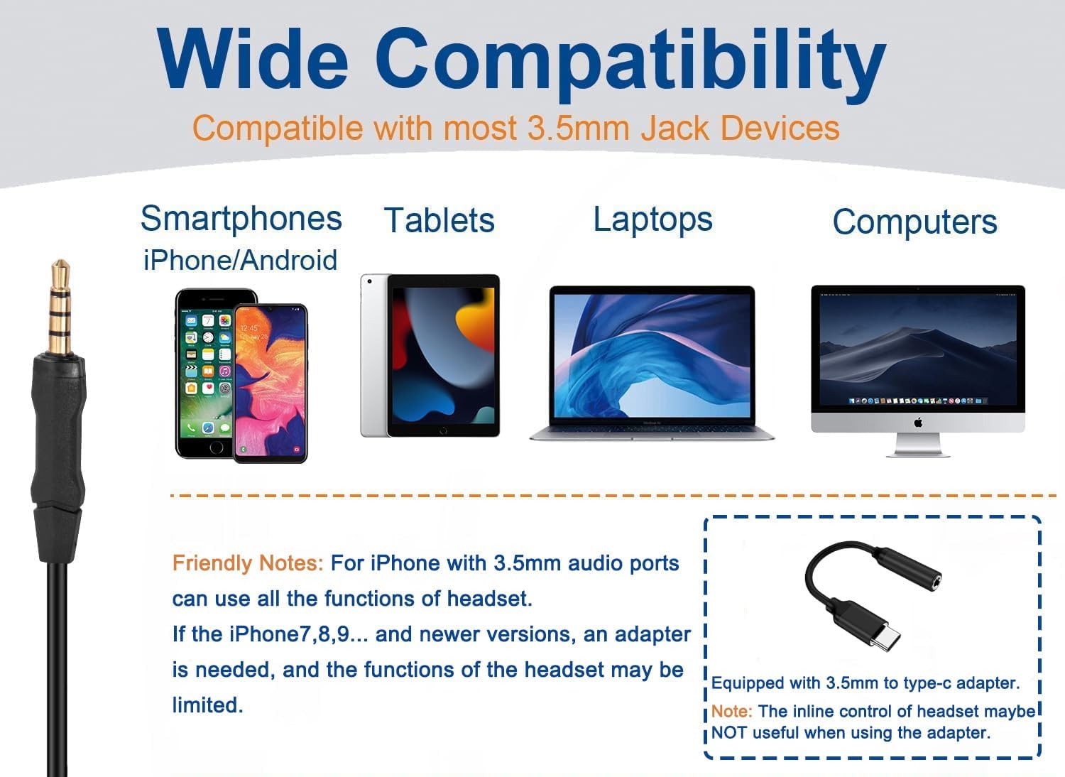 Arama Cell Phone Headset with Microphone Noise Cancelling & in-line Control,3.5mm Computer Headset for iPhone,Android,Samsung,LG,HTC,BlackBerry Mobile Phone and iPad Tablets - 图片 4