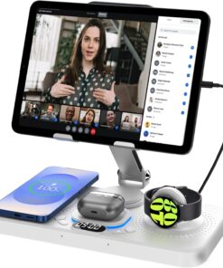 30W Magnetic Wireless Charger for Samsung, 6 in 1 Foldable Android Mag-Safe Charging Station for Tablet with Clock & 7 Color Light, Nightstand Charger for Galaxy S25 Ultra/Watch 8/Buds 3 Pro(White)