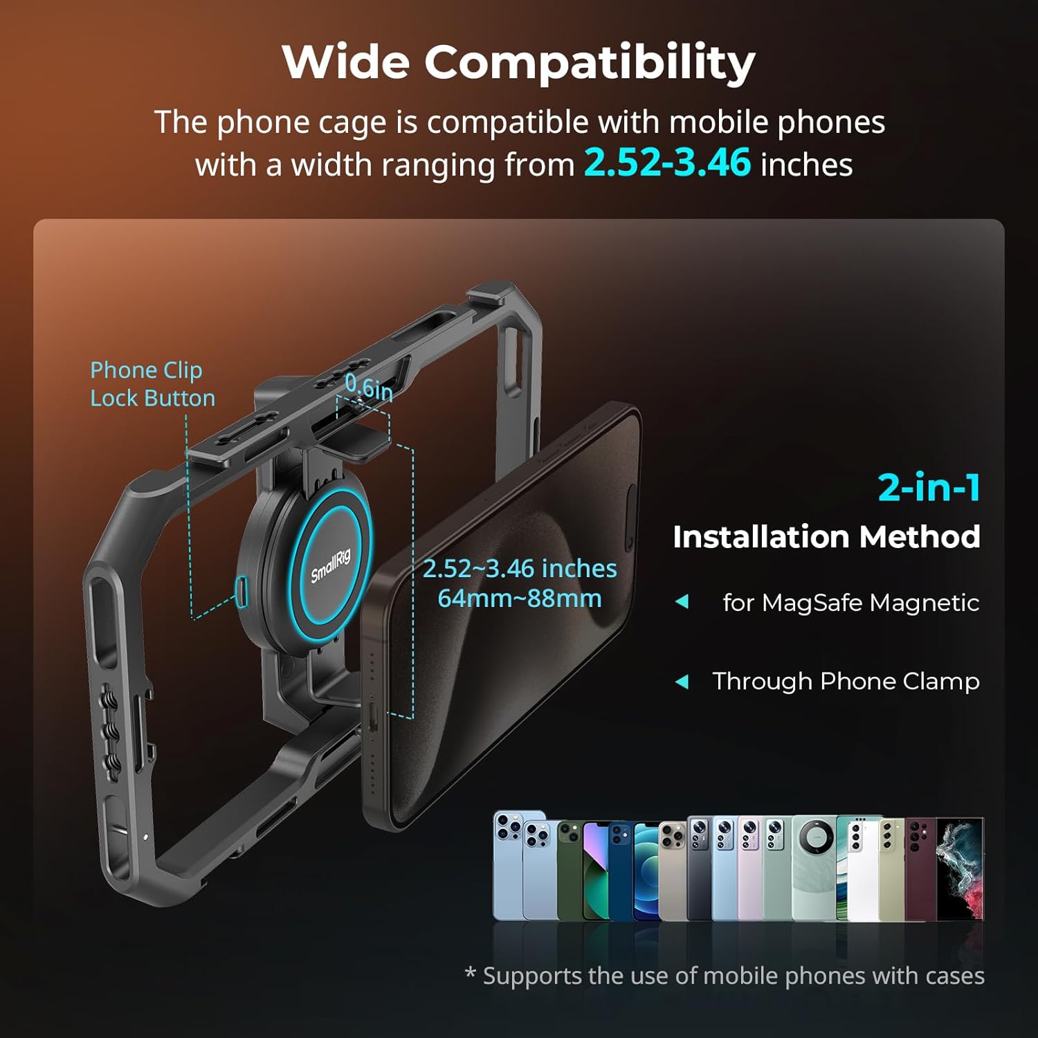SmallRig Universal Quick Release Phone Cage Kit Basic, Aluminum Smartphone Video Rig Kit with Wireless Control Dual Handles and Phone Clip, Support for MagSafe, for iPhone for Samsung for Pixel - 图片 10