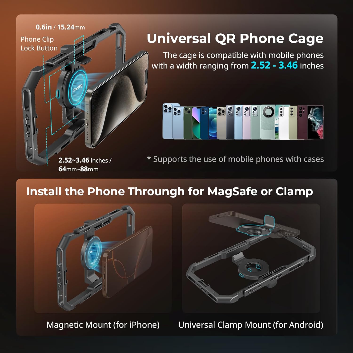 SmallRig Universal Quick Release Phone Cage Kit Basic, Aluminum Smartphone Video Rig Kit with Wireless Control Dual Handles and Phone Clip, Support for MagSafe, for iPhone for Samsung for Pixel - 图片 3