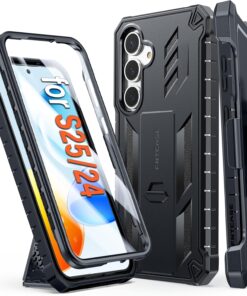 FNTCASE for Samsung Galaxy S25-FE Case: Military Grade Rugged Cell Phone Cover with Kickstand & Holster | Shockproof TPU Protection Bumper Matte Textured Design for Galaxy S25 FE Cases 6.7inch - Black