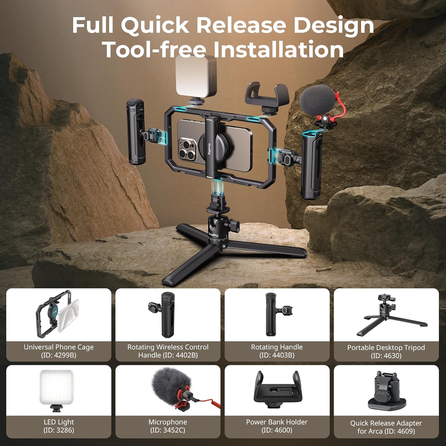 SmallRig Universal Quick Release Phone Cage Kit Basic, Aluminum Smartphone Video Rig Kit with Wireless Control Dual Handles and Phone Clip, Support for MagSafe, for iPhone for Samsung for Pixel - 图片 2